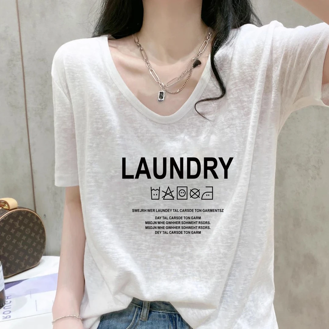 洋气减龄2025夏季新款雪花棉短袖T恤V领宽松字母白色ins韩版印花