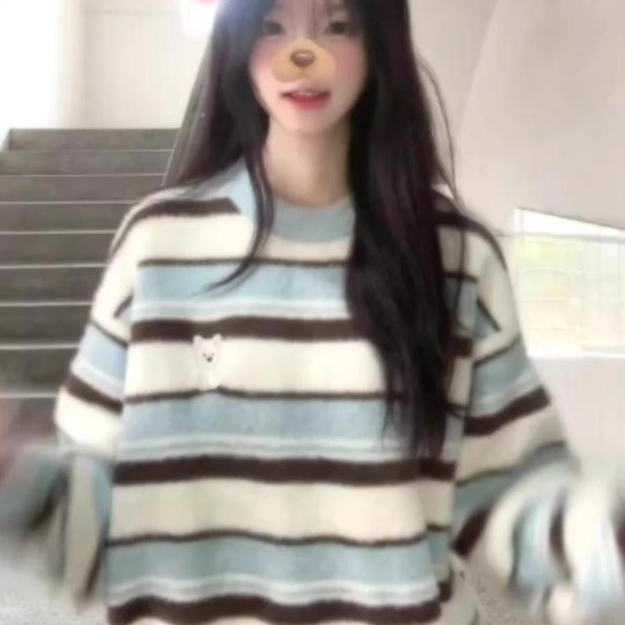 仿水貂毛可爱小狗条纹圆领毛衣秋冬季情侣保暖加厚宽松软糯上衣女