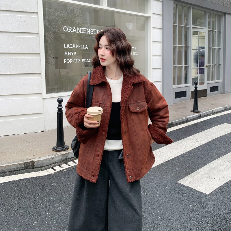 复古红咖色皮毛一体外套2025冬季新款松弛感甜酷风加厚羊羔毛棉衣
