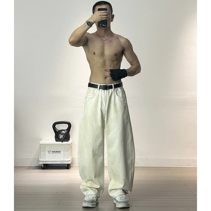 美式潮牌巴黎脏脏风漆点设计立体剪裁弯刀牛仔裤男阔腿裤镰刀裤