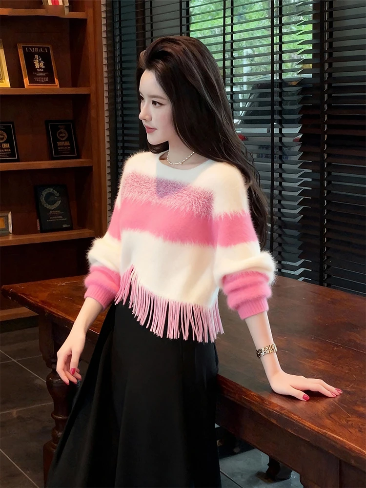 韩系秋冬装撞色毛衣女爆款2025新款慵懒风V领针织衫洋气流苏上衣