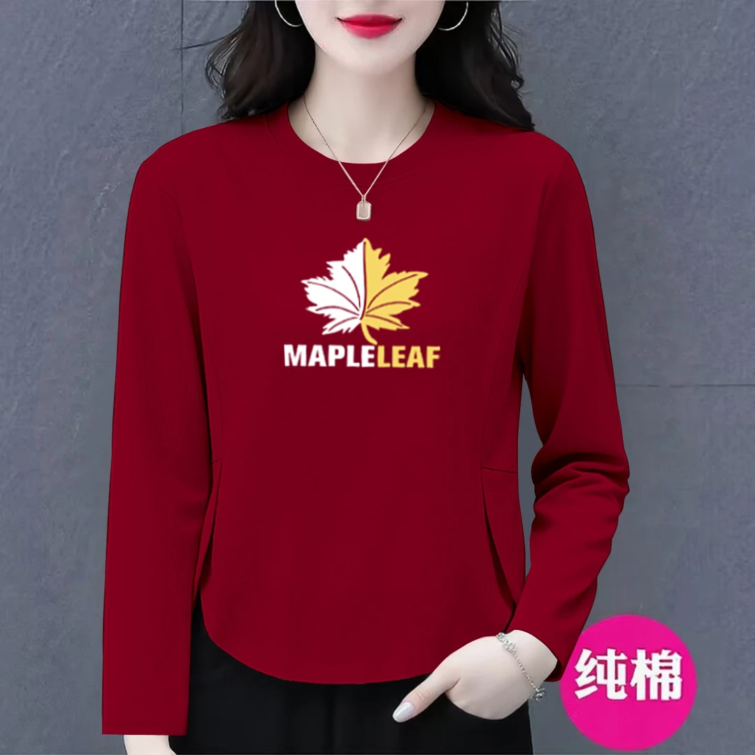 新款减龄洋气春秋季长袖纯棉t恤女显瘦遮肚时尚百搭中年上衣体恤