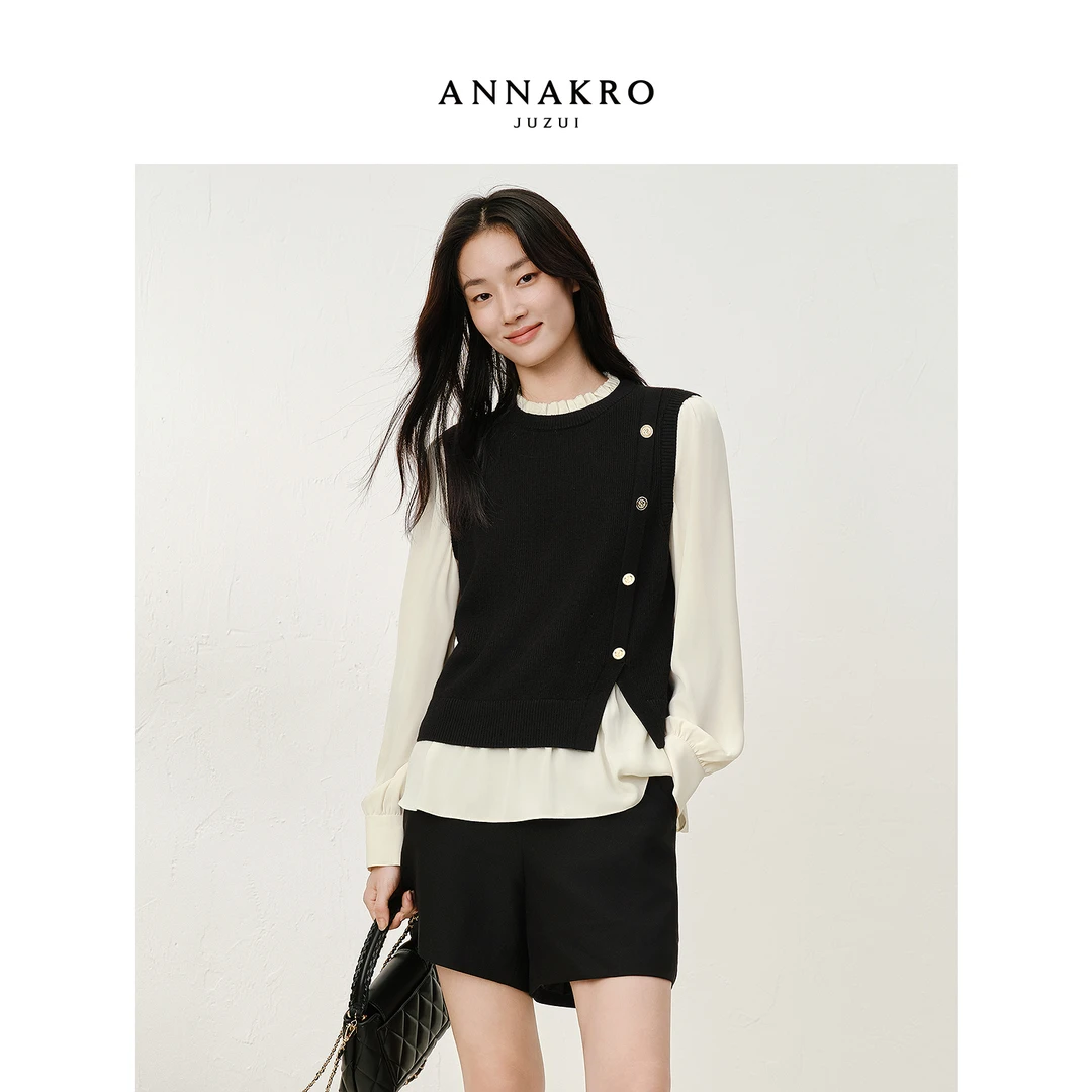 玖姿安娜蔻羊毛针织衫女2025秋新款通勤风假两件拼接KWFQ31011