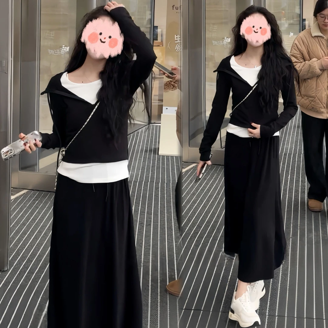 早春一套休闲风假两件上衣抽绳半身裙套装女显瘦气质长袖百搭套装