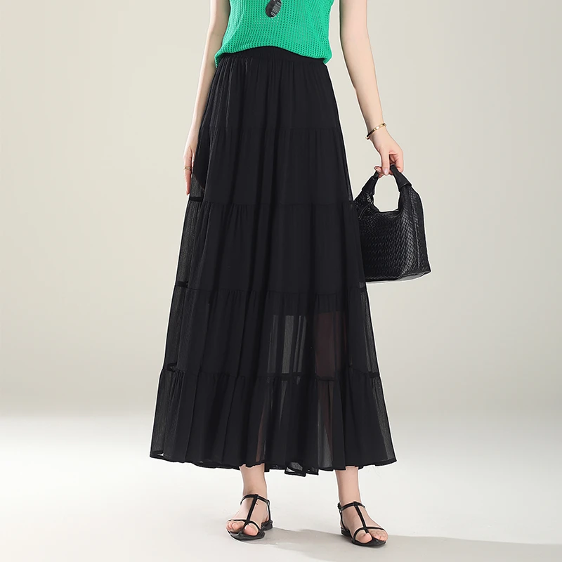 黑色半身裙女夏2025新款雪纺a字长裙高腰显瘦大码长款气质大摆裙