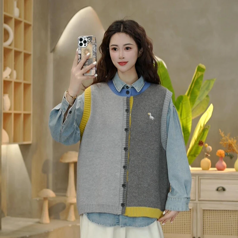 5168 春季拼接拼色刺绣休闲马甲圆领时尚休闲百搭无袖马夹