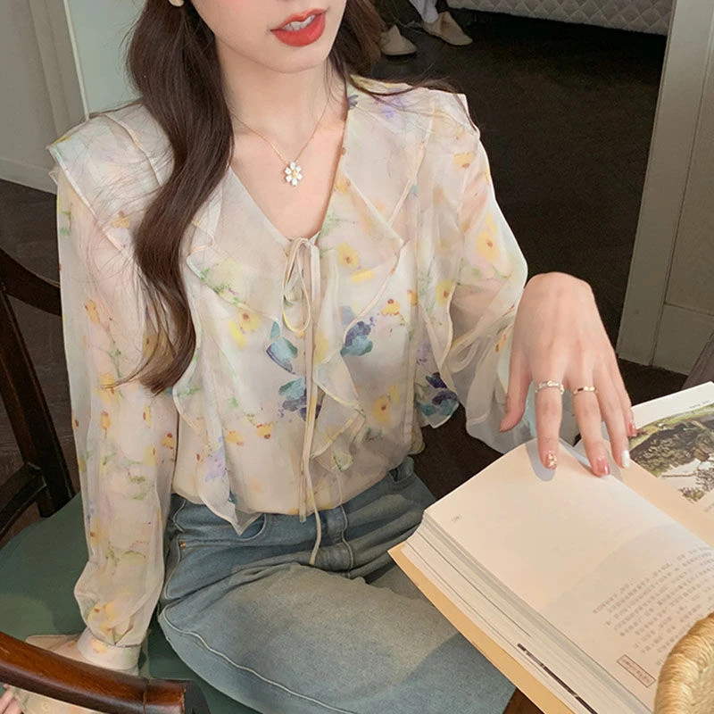 T雪纺V领上衣女温柔法式衬衫复古荷叶衬衣别致设计感高级感雪纺衫