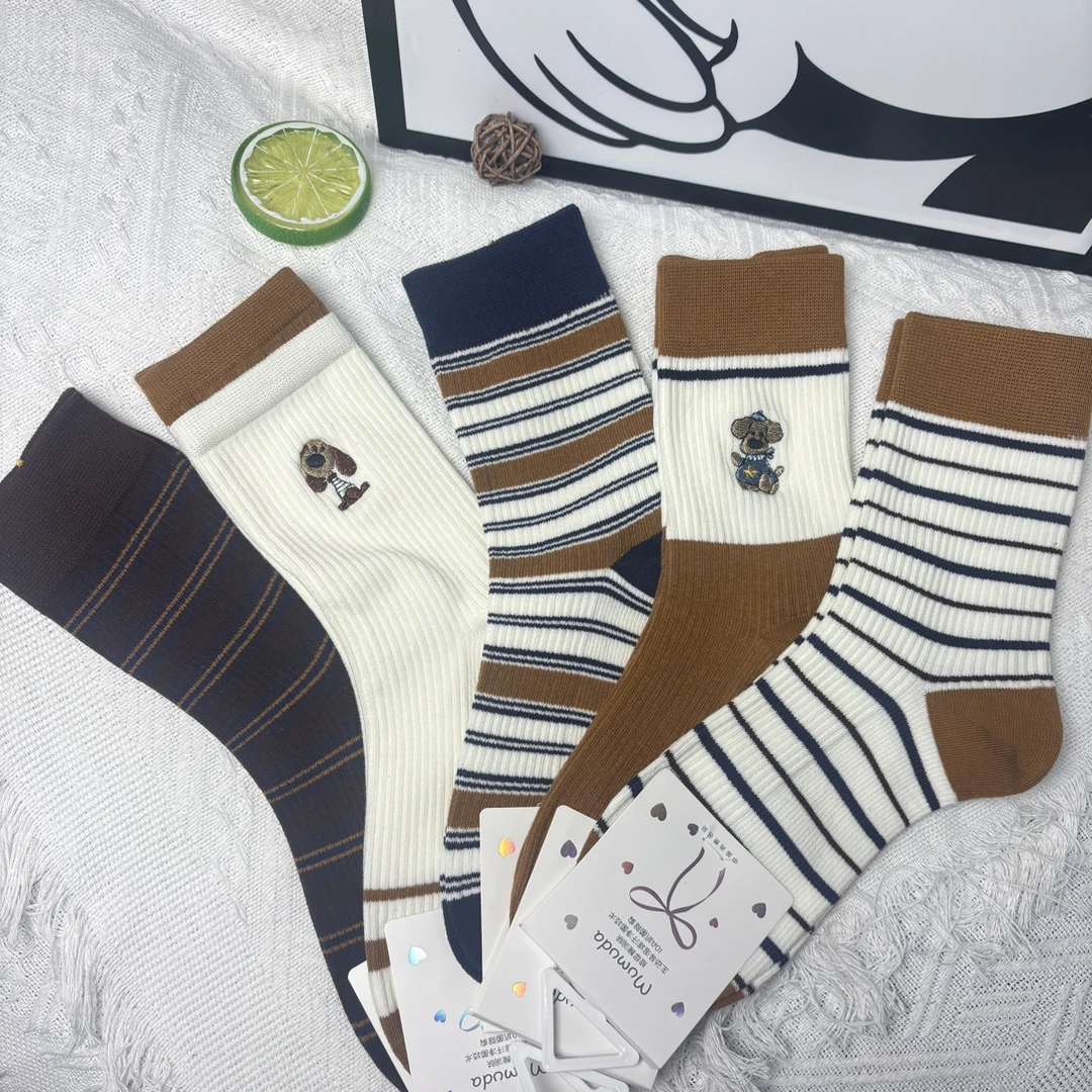 美拉德色系条纹百搭中筒袜春秋季女士休闲袜子