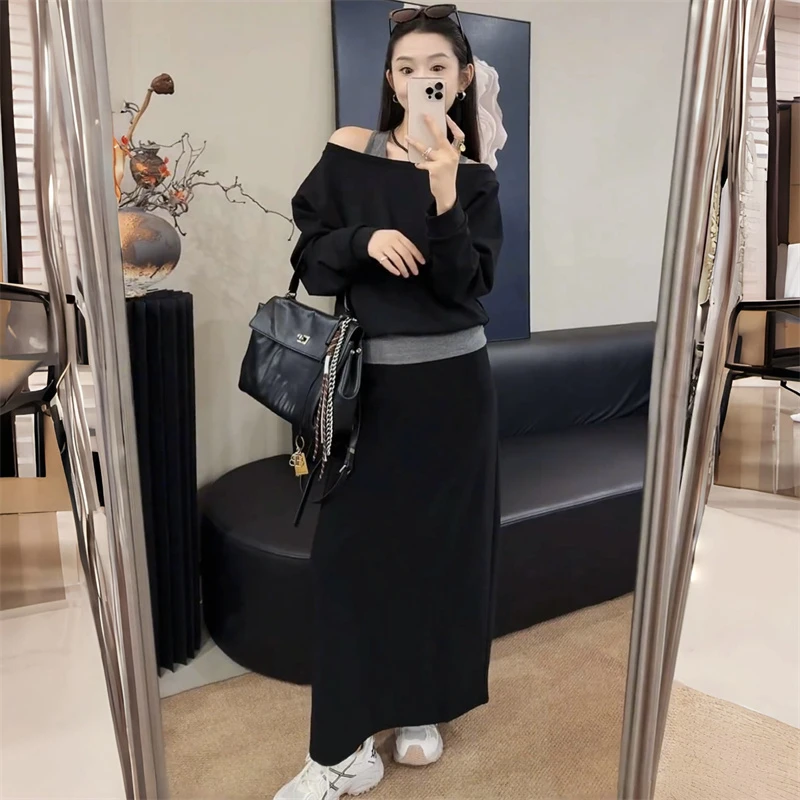 韩系假两件斜肩长袖卫衣宽松显瘦半身裙两件套女2025早秋新款套装