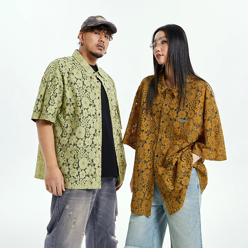 NMAX大码男装25年夏花卉镂空重磅衬衫度假风设计欧若风短袖FNC007