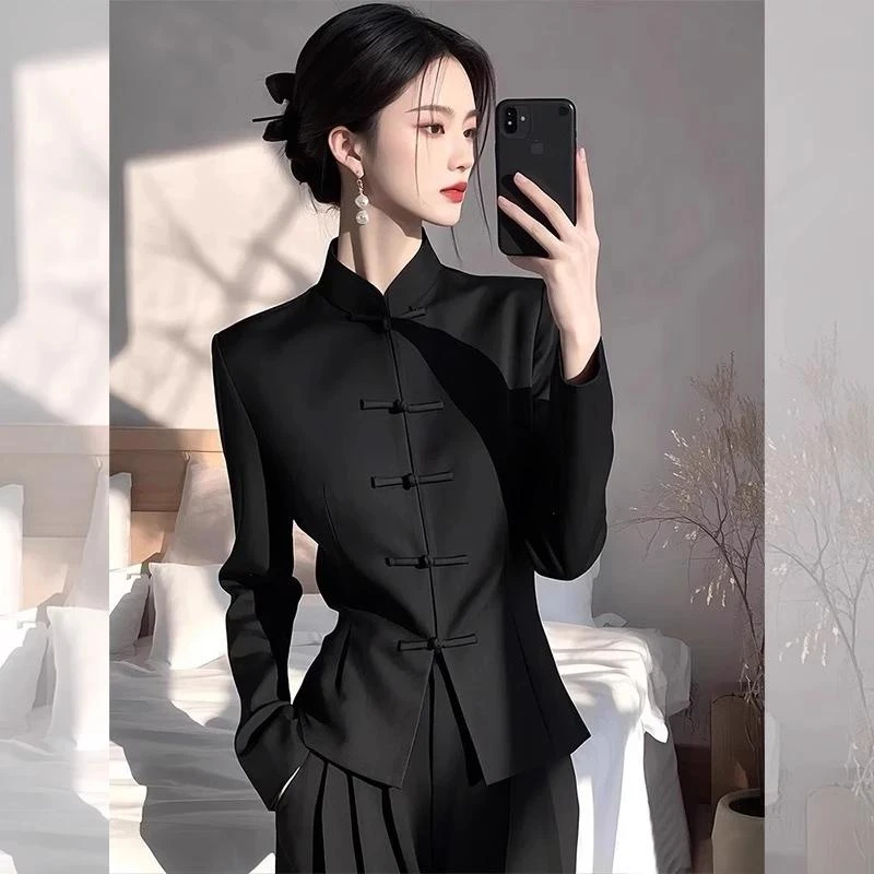 2025春季高端别致轻奢高级新中式国风盘扣小衫黑色衬衫阔腿裤套装