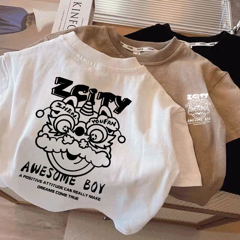 100纯棉儿童短袖t恤夏季男童洋气外穿上衣中小童这个舞狮打底衣服