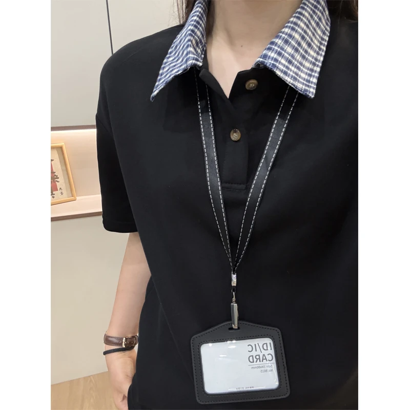 美式假两件短袖polo衫男女款夏季拼接格子衬衫领t恤设计感半截袖