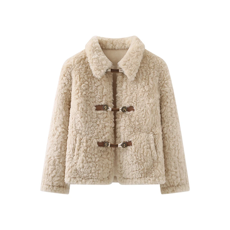 甜美保暖翻领盘扣仿羊羔毛外套女百搭小个子短款毛毛上衣