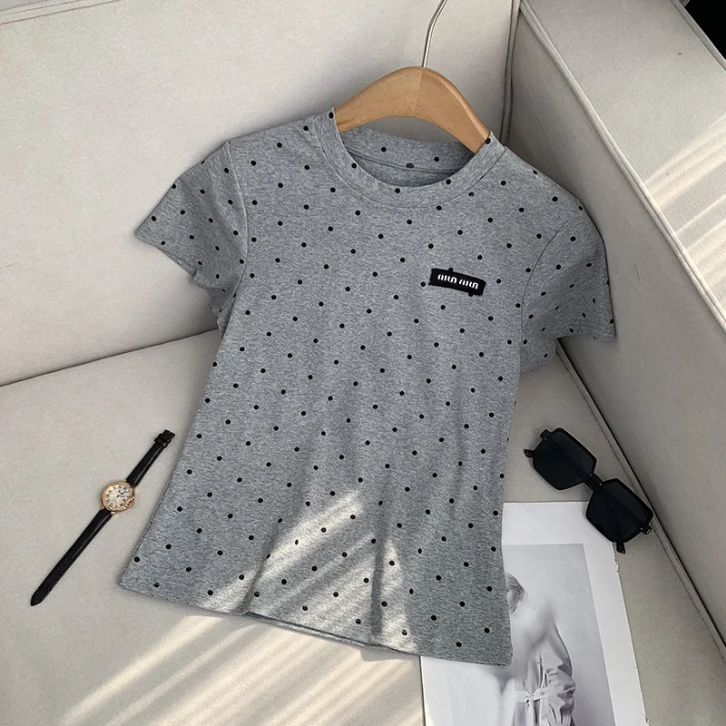 【南油溪溪】波点圆领短袖t恤字母高级感修身显瘦上衣800365
