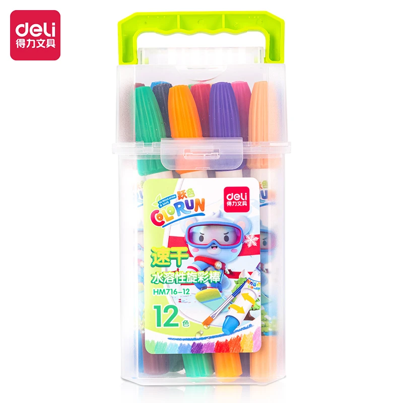 得力HM716-12_PP桶装萌咿滑雪速干水溶性旋彩棒(混)(12色/筒)