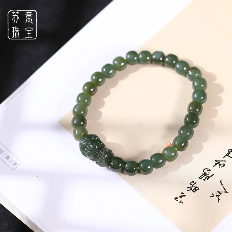 天然和田玉绿渡母老型手串