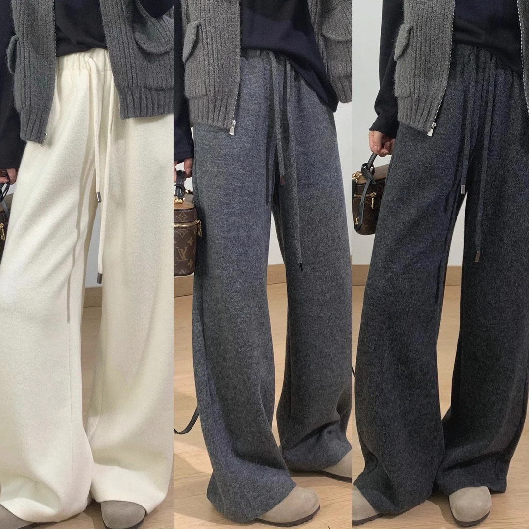梨形必入~！高腰垂感羊毛呢直筒裤松紧腰慵懒松弛感百搭阔腿长裤