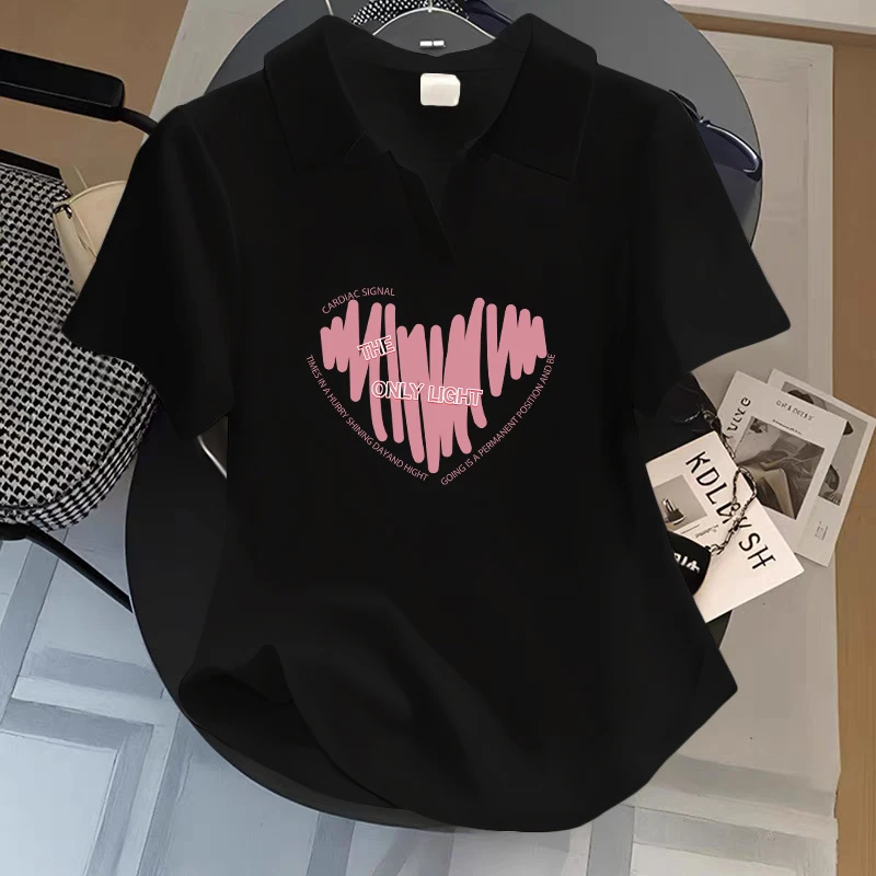 大码胖mm设计感小众Polo领印花短袖T恤女夏季小个子修身显瘦上衣
