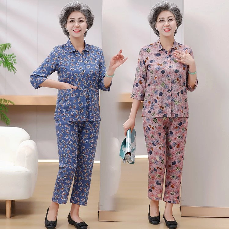 中老年人开衫棉绸两件套绵绸套装女奶奶夏装妈妈翻领衬衫老太太衣