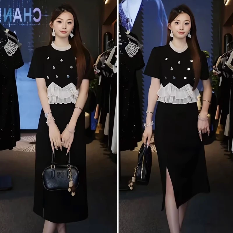 夏装时髦百搭法式花边圆领百搭短袖拼接显瘦洋气中长款开叉连衣裙