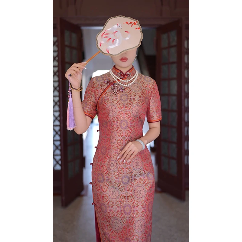 徐永良 57185【八达运】复古提花宋锦旗袍中国风里外桑蚕丝短袖