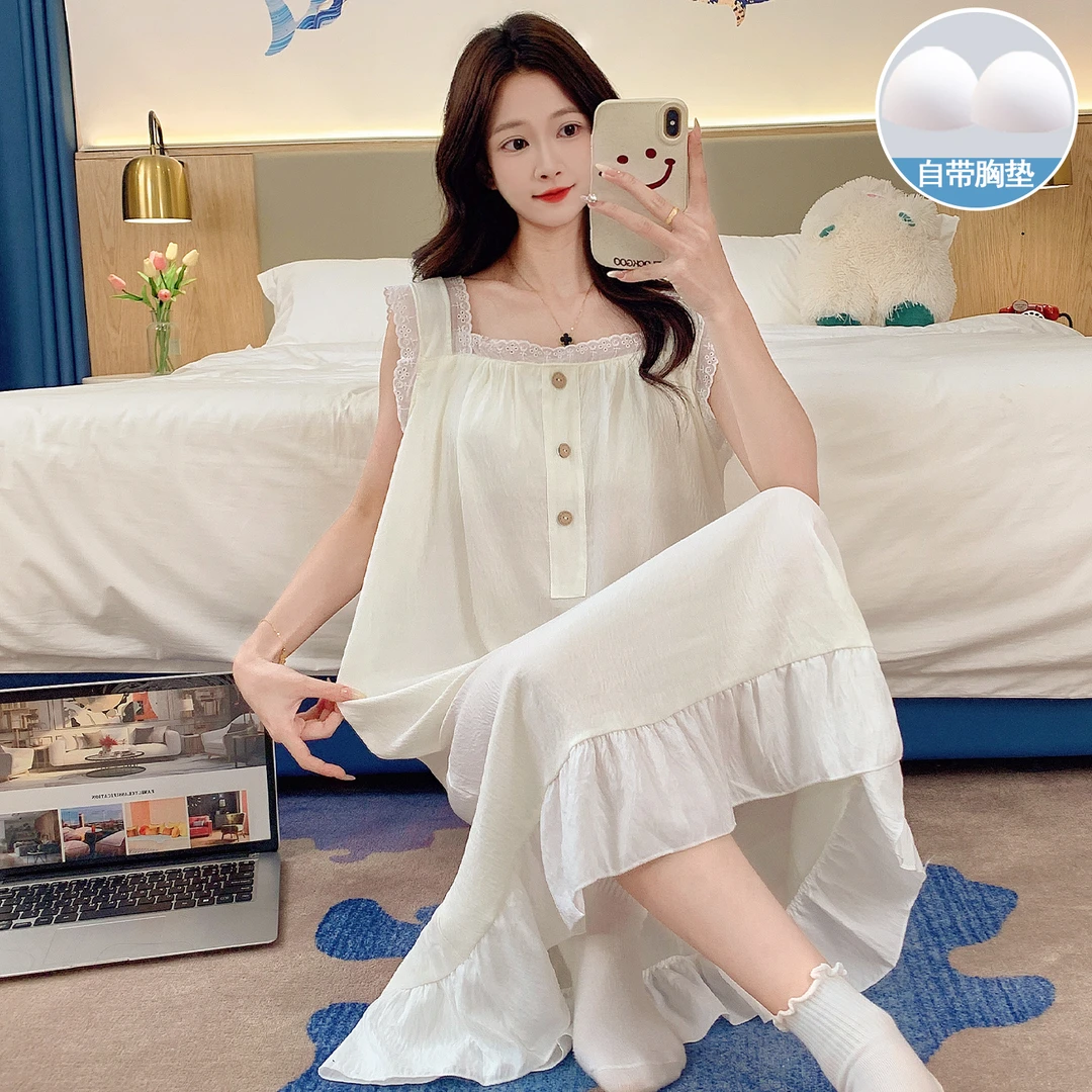 带胸垫睡衣女夏季云朵棉吊带中长款睡裙纯色甜美少女可外穿家居服