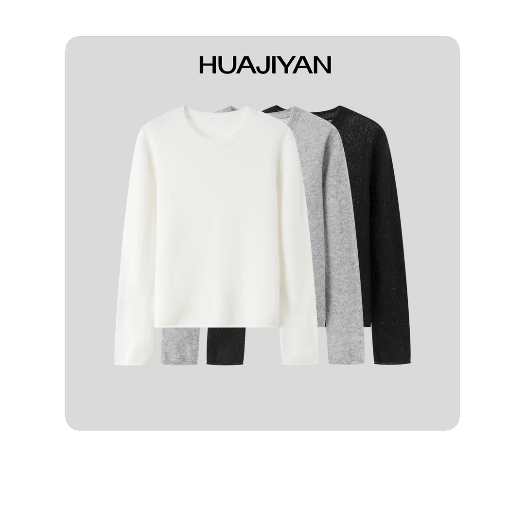 华吉言/HUAJIYAN【绒线球】山羊绒桑蚕丝混纺平针编织圆领上衣