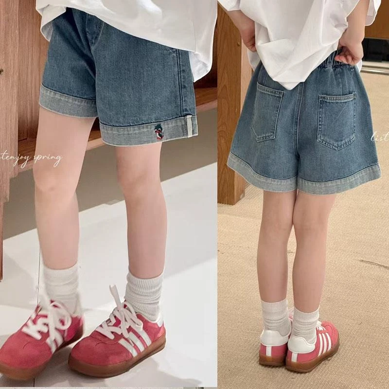 韩国童装儿童牛仔洋气短裤2025夏款女童休闲热裤女孩卡通A字中裤5