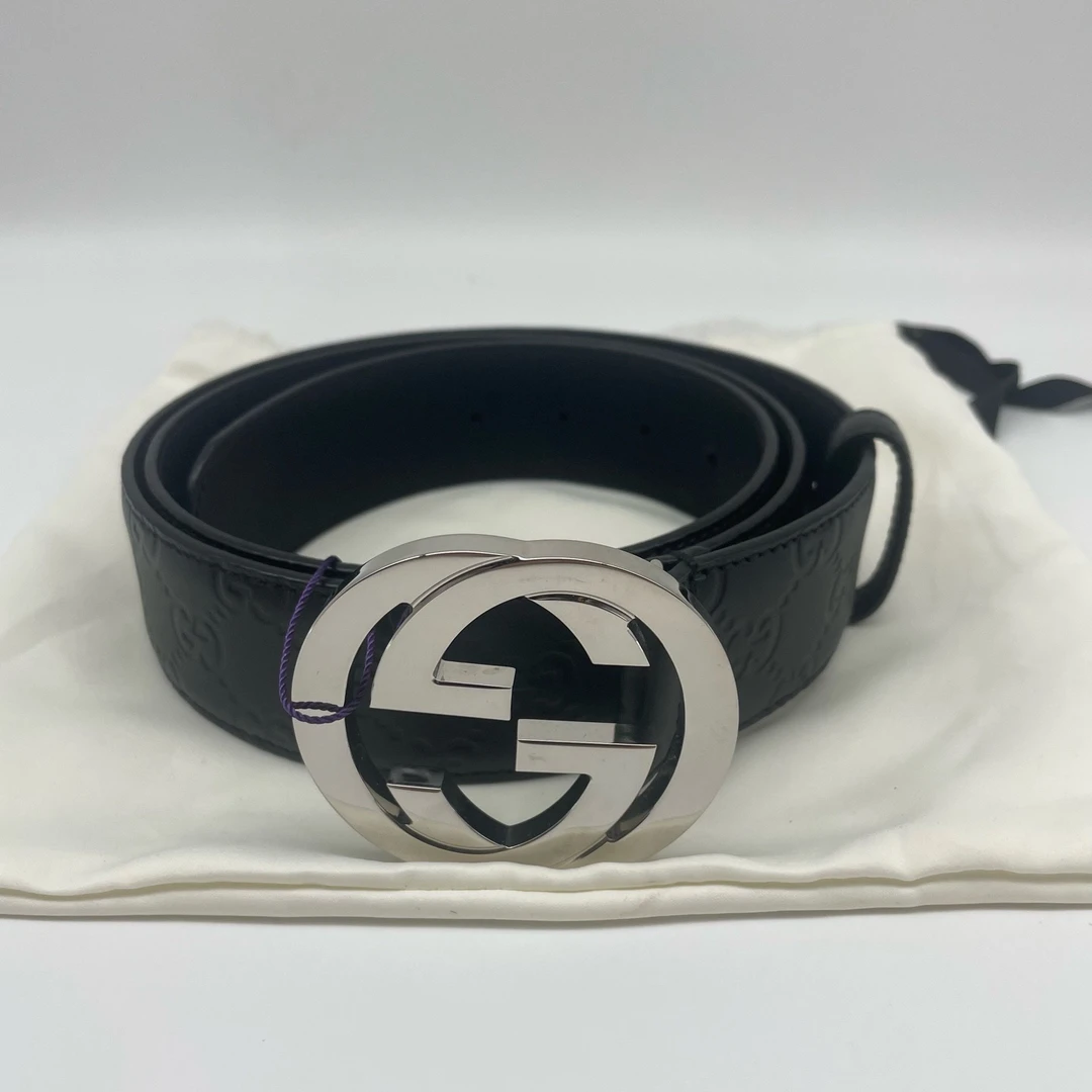 95新 GUCCI/古驰 105码银扣黑色压纹腰带16066981