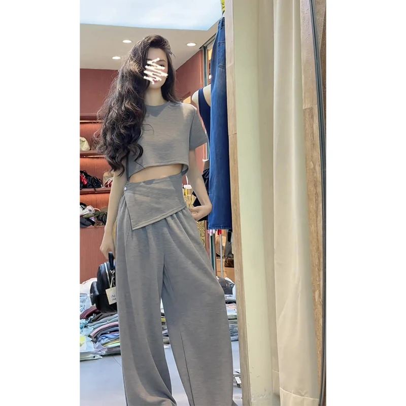 2025夏季新款女韩系穿搭圆领短袖修身短袖上衣设计感高腰阔腿长裤
