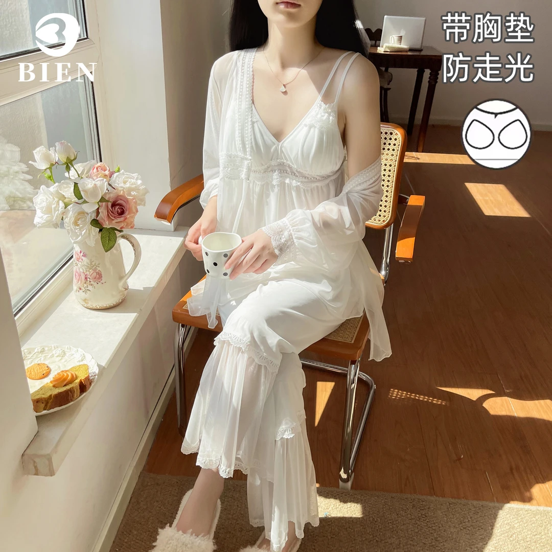 吊带长裤外披睡衣2025年新款春夏秋网纱莫代尔公主风高级感三件套