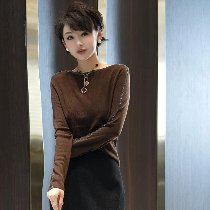 【高端定制】一字领烫钻长袖针织上衣