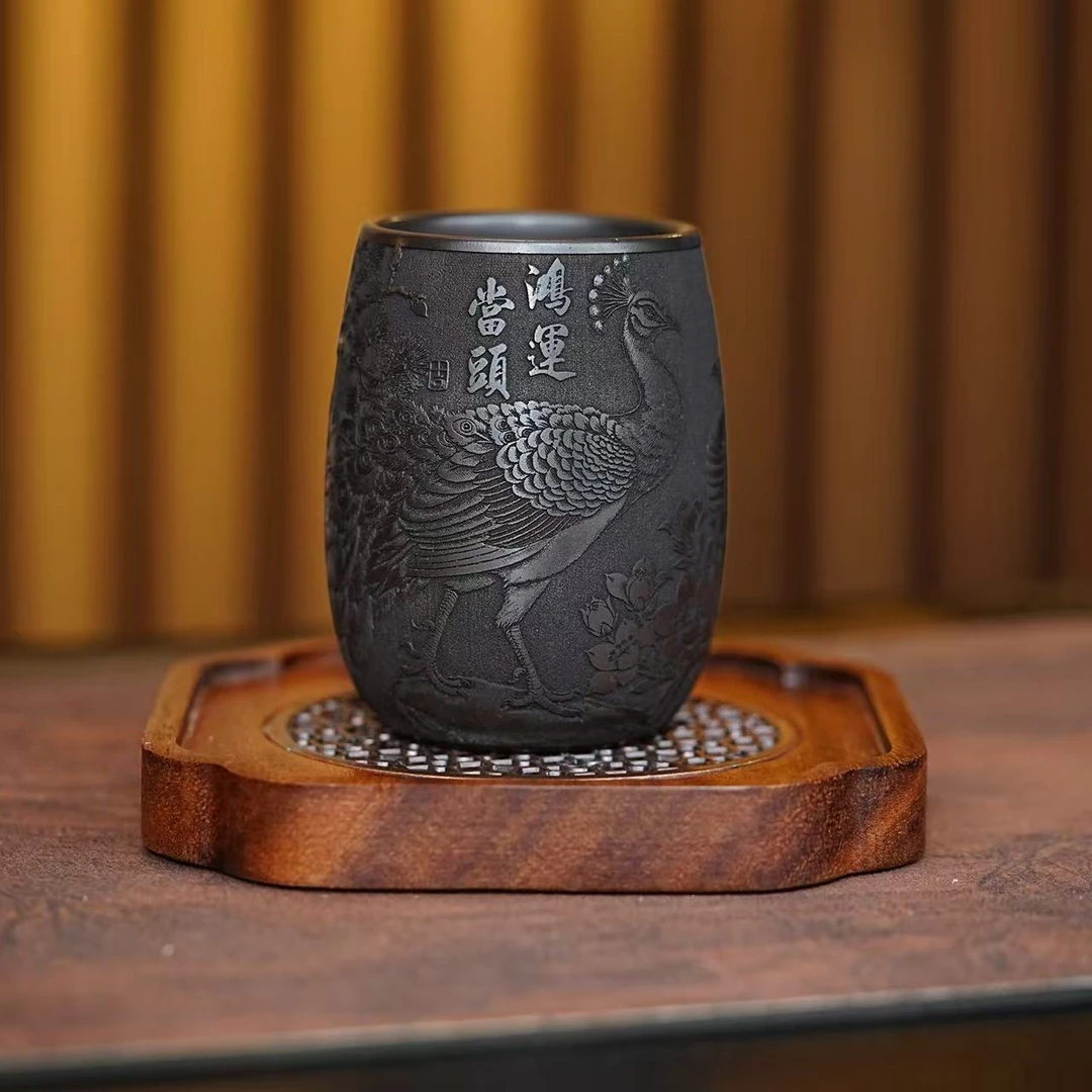 宜兴原矿紫砂石黄全手工鸿运当头孔雀主人杯高端品茗杯