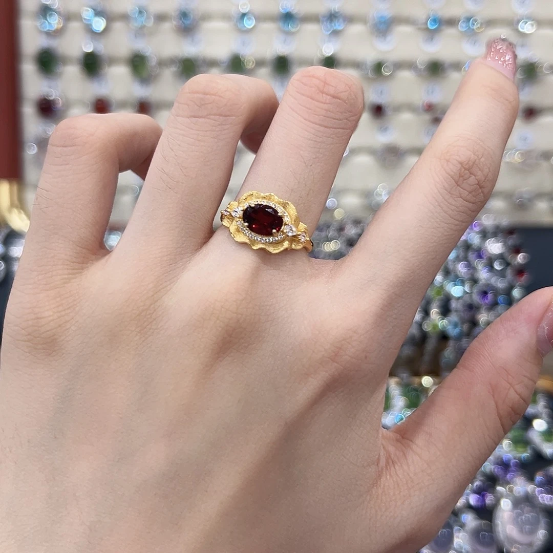 戒指石榴石银S925镀金镶嵌
