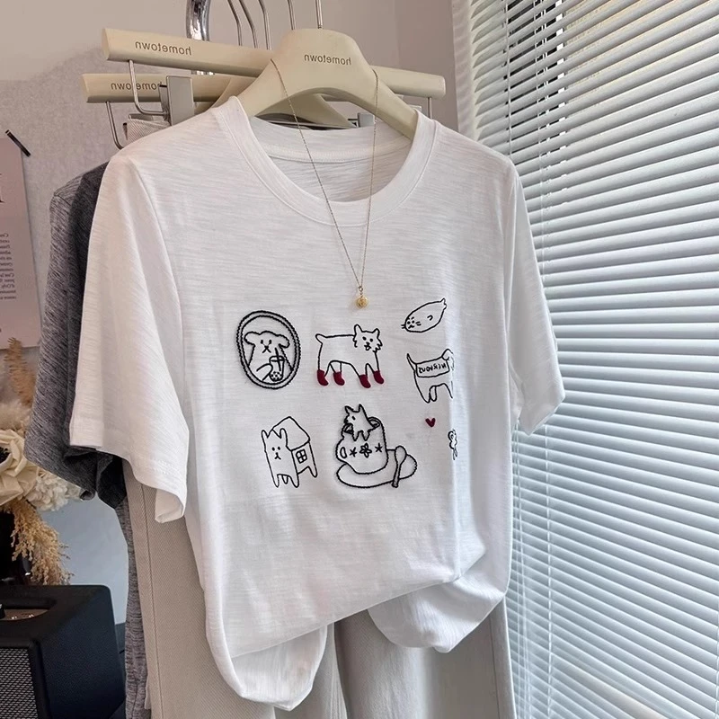 穿不腻！闭眼入！2025夏季新款短袖T恤女卡通动物立体刺绣印花体恤
