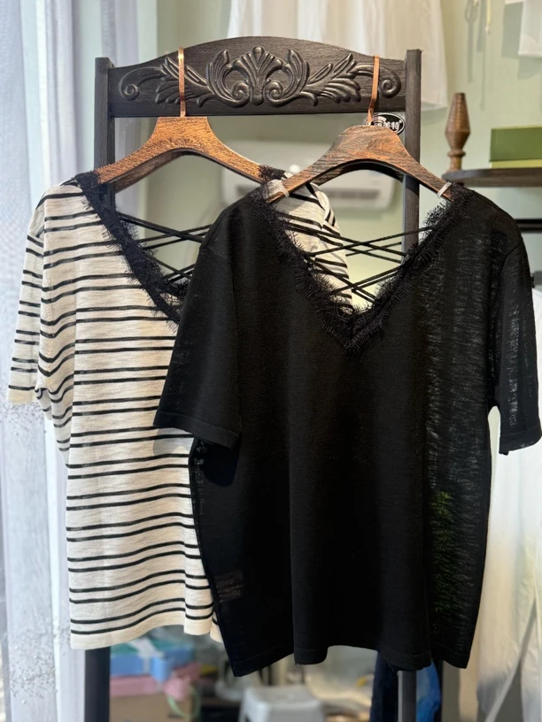 V领极简风短袖蕾丝条纹拼接百搭时尚显瘦夏季