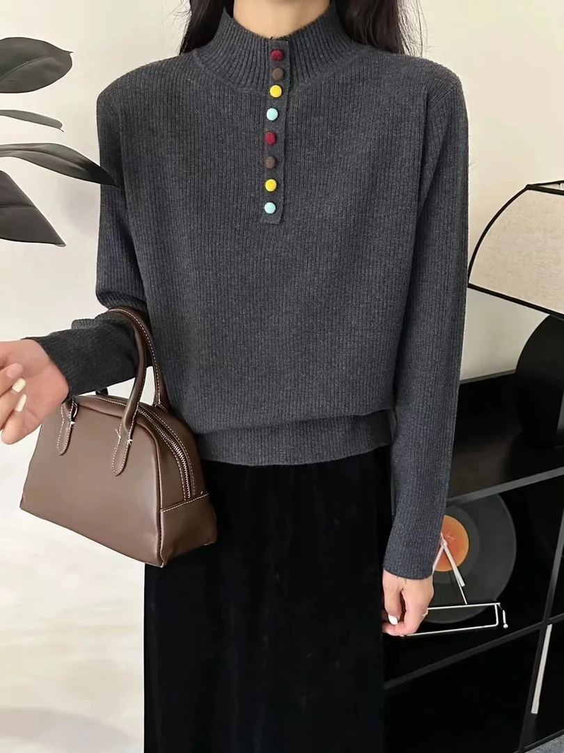 新款正品极简风通勤圆领半彩扣绵羊毛套头气质洋气百搭精纺羊毛衫