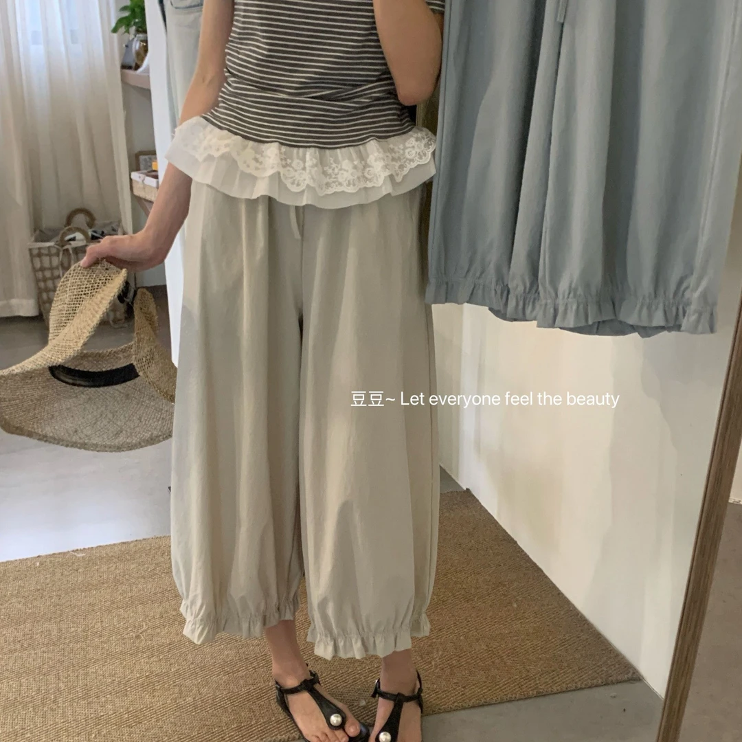 韩系抽绳花边阔腿灯笼裤女2025夏季新款甜美宽松设计感休闲裤