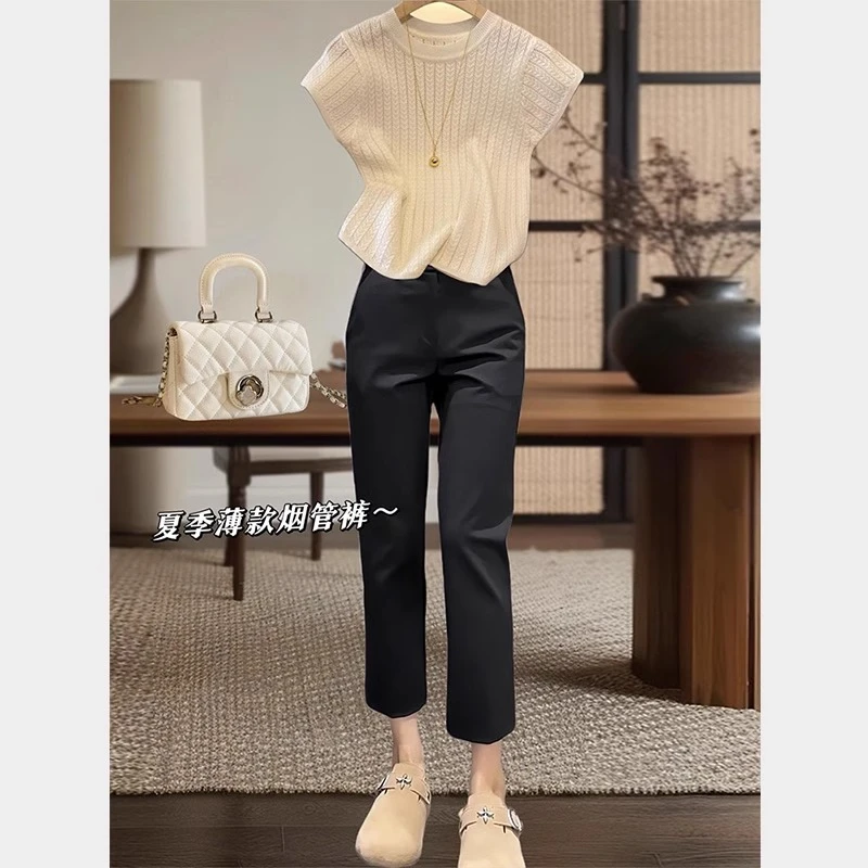 原地封神~开叉西装裤女春秋高腰显瘦直筒裤小个子九分哈伦烟管裤