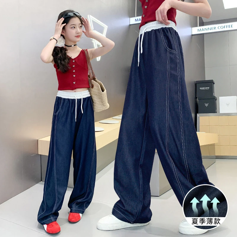 女童裤子夏季薄小孩2025新款中大童阔腿裤牛仔裤儿童休闲长裤夏装
