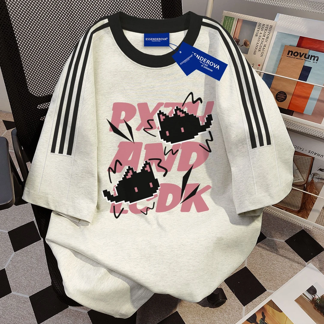 100%纯棉甜酷百搭三条杠圆领短袖t恤男女夏季时尚潮牌情侣上衣ins