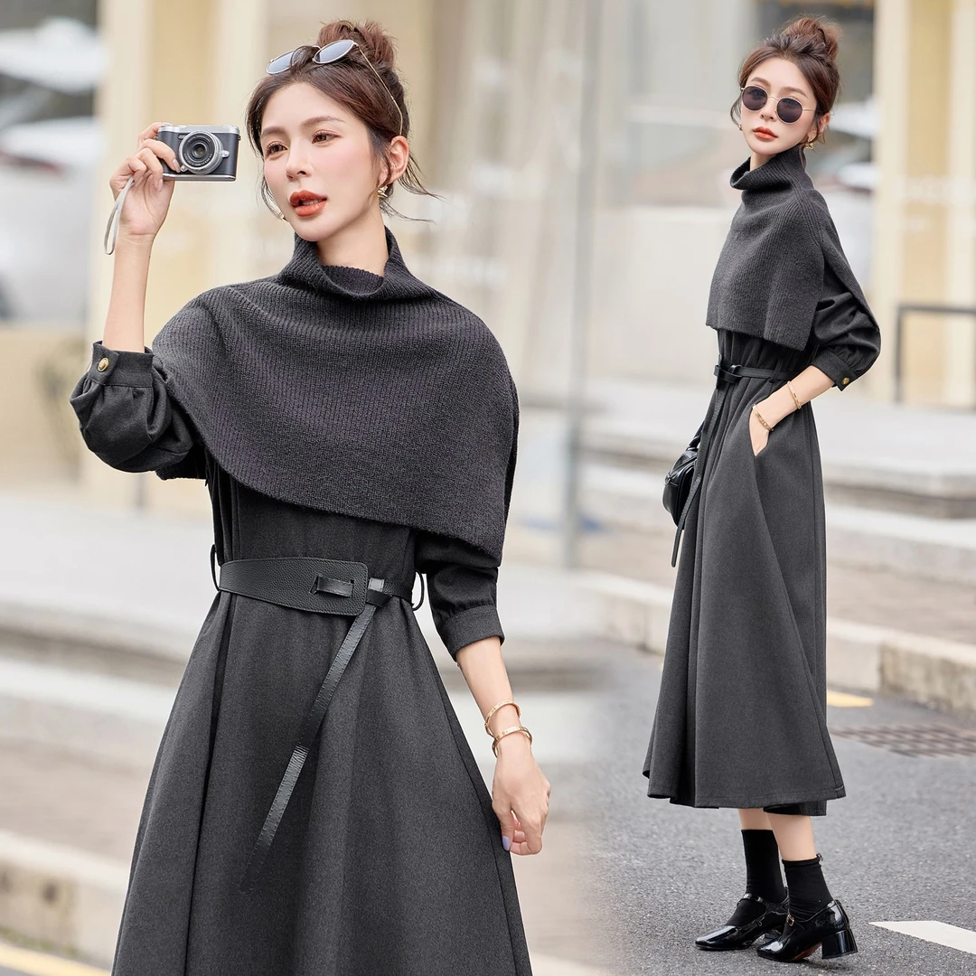 长袖连衣裙2025秋冬新款高端精致法式小香风气质针织披肩收腰裙子