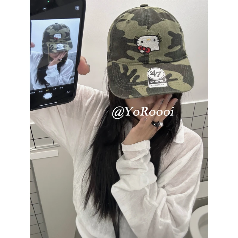 YoRoooi 自制复古水洗美式kitty迷彩棒球帽美式凯蒂猫遮阳鸭舌帽