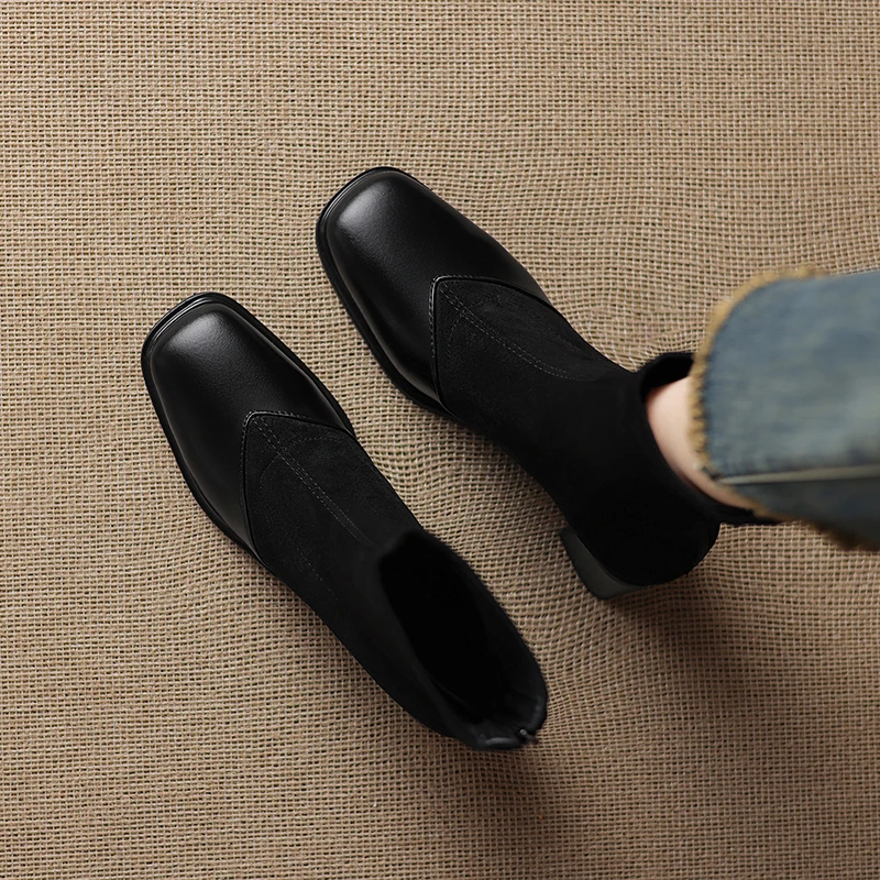 2025年新款方头粗跟短筒弹力瘦瘦靴复古百搭拼接41-43大码