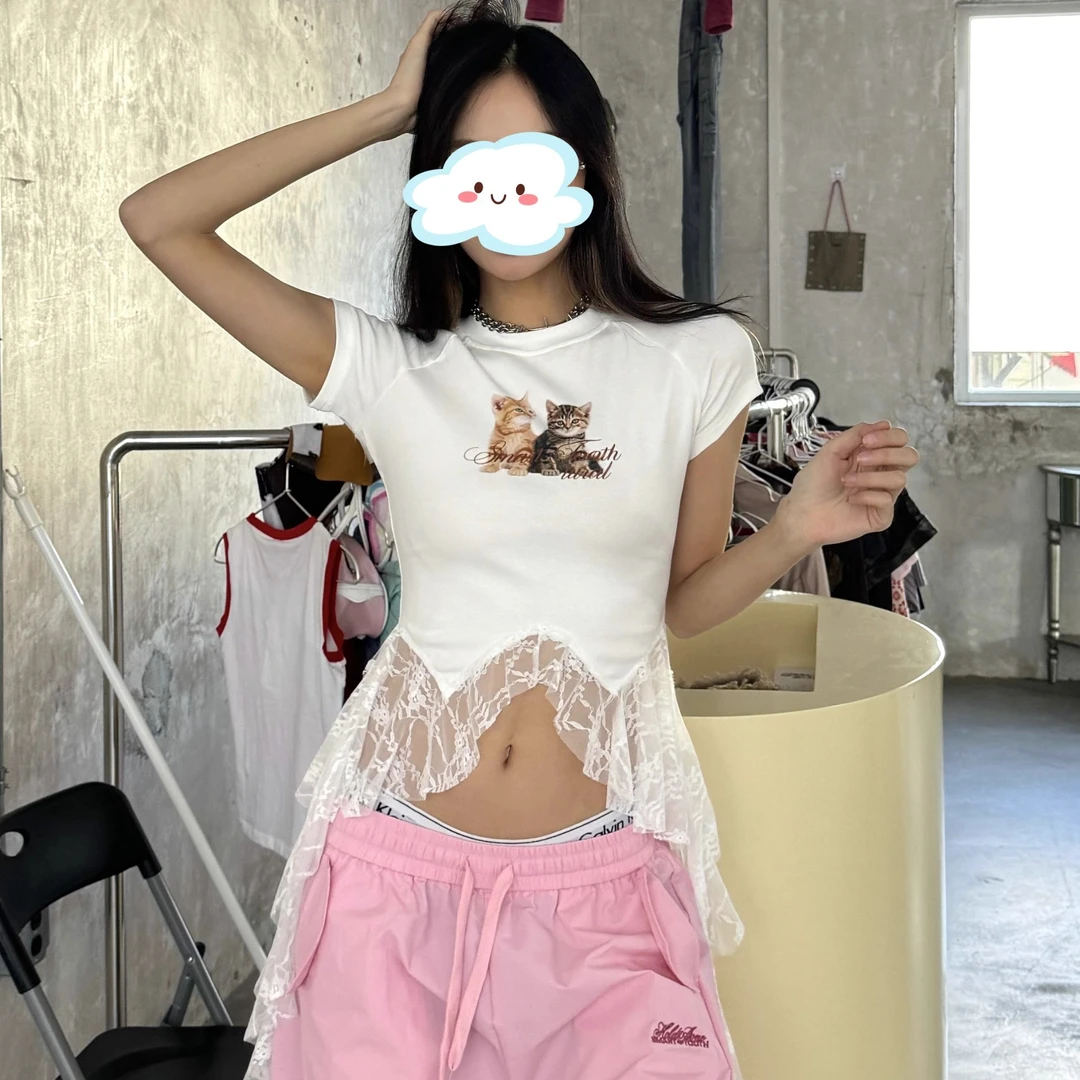 美式辣妹猫咪印花短袖T恤蕾丝流苏修身显瘦短款上衣ins