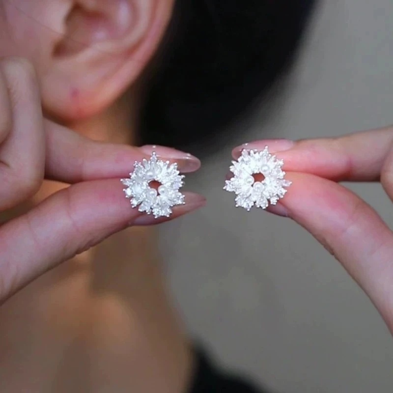 【双生恋】 「薄雾山茶」气质复古感仿珍珠花朵耳钉女精致