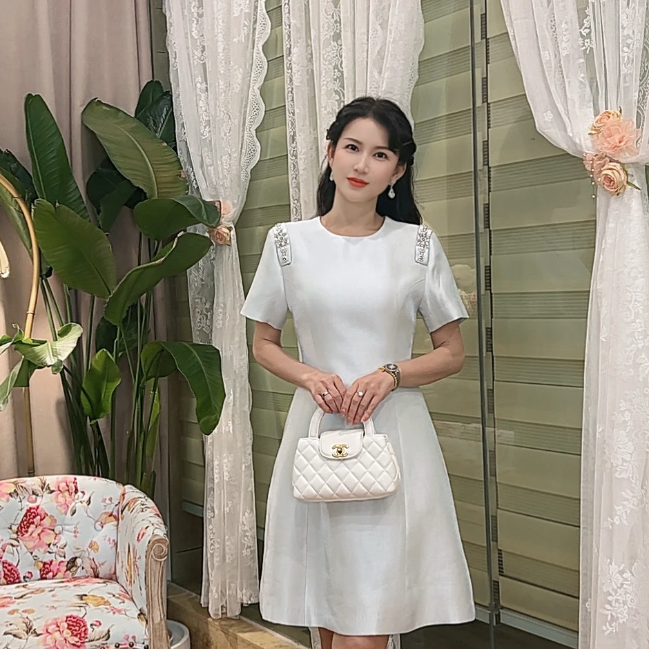 【蔚蓝星辰】AN032 安妮老板 名媛镶钻设计感气质有口袋短袖连衣裙