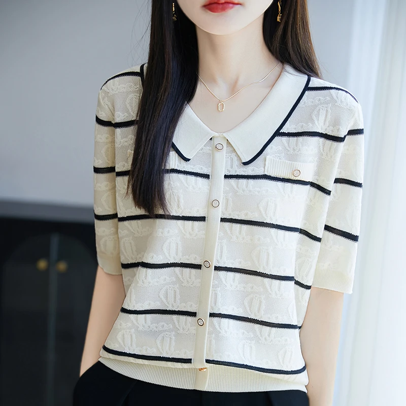 正品哥弟新款夏季休闲风拼色短袖撞色V领宽松T恤设计感百搭条纹款