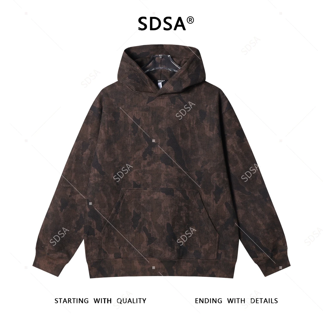 SDSA男士秋冬新款痞帅男装复古潮牌迷彩肌理感抽绳连帽卫衣百搭
